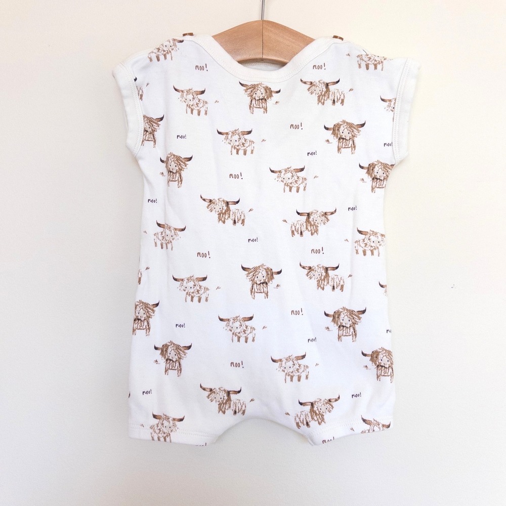 Next Baby Romper White Highland Cow Moo Print Short Sleeve One Piece 3-6 Months